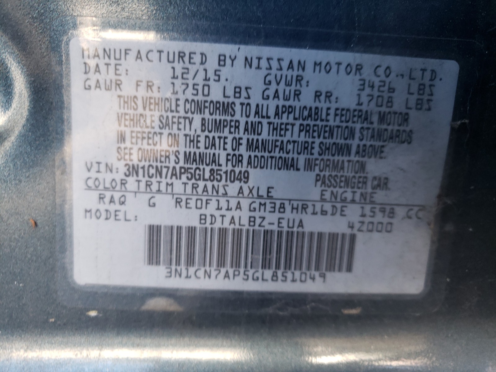 Photo 9 VIN: 3N1CN7AP5GL851049 - NISSAN VERSA S 