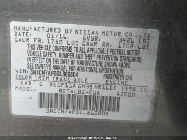 Photo 8 VIN: 3N1CN7AP5GL860804 - NISSAN VERSA 