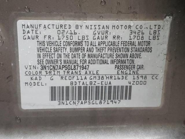 Photo 9 VIN: 3N1CN7AP5GL871947 - NISSAN VERSA S 