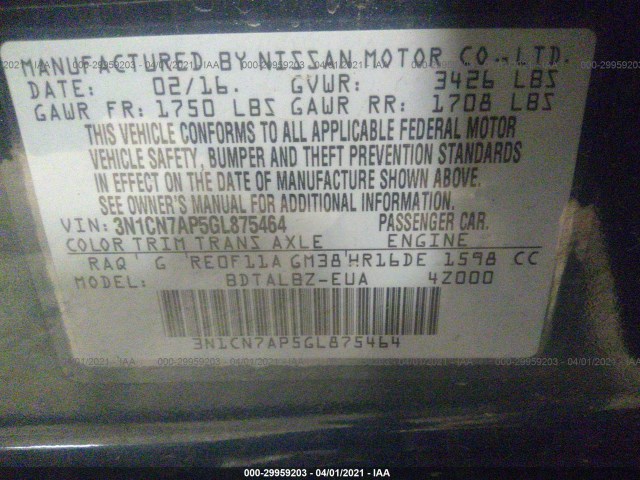 Photo 8 VIN: 3N1CN7AP5GL875464 - NISSAN VERSA 