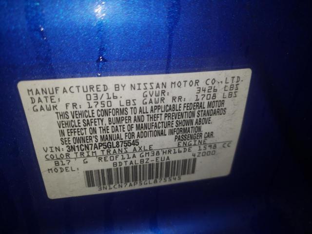 Photo 9 VIN: 3N1CN7AP5GL875545 - NISSAN VERSA S 