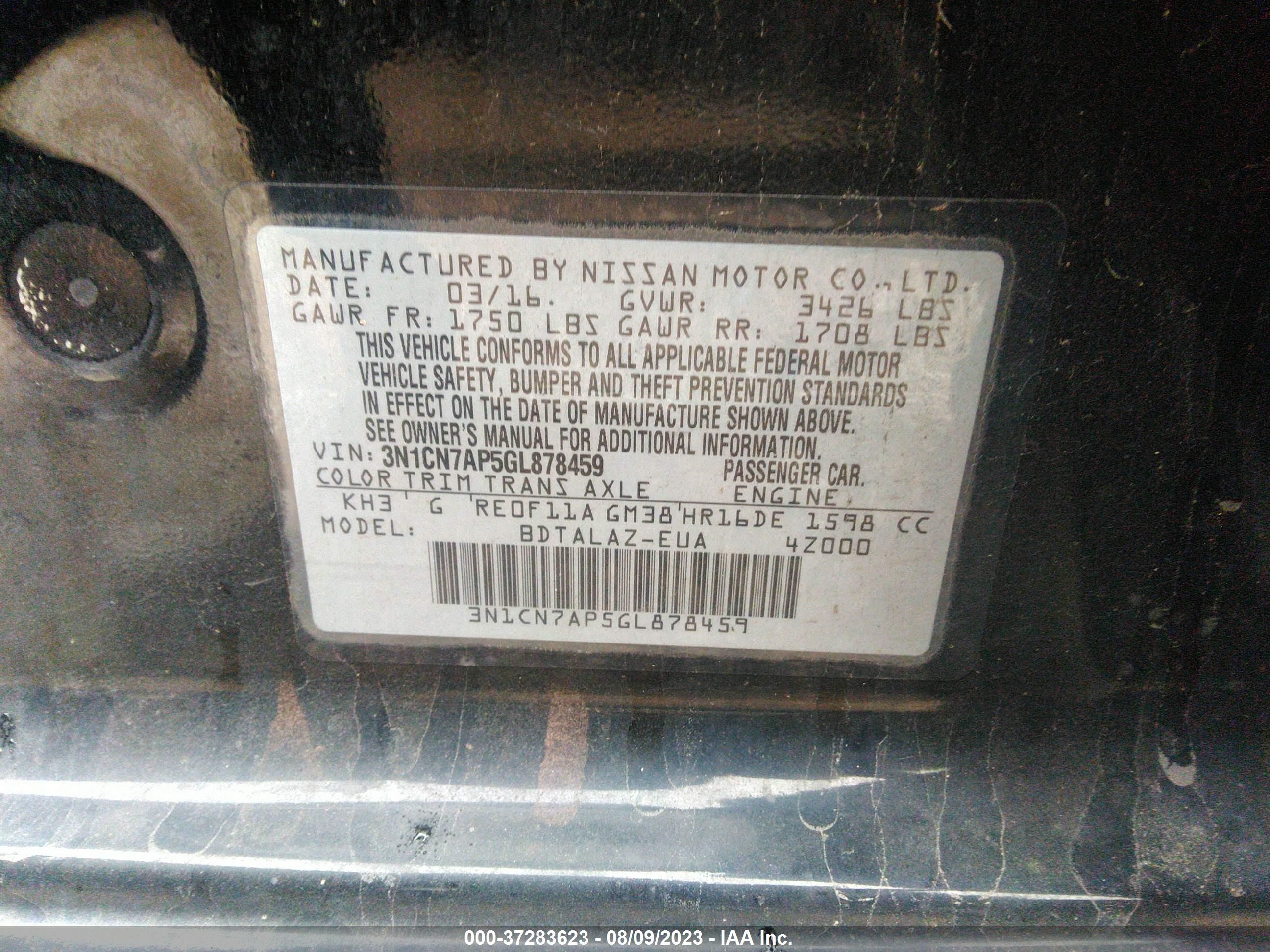 Photo 8 VIN: 3N1CN7AP5GL878459 - NISSAN VERSA 