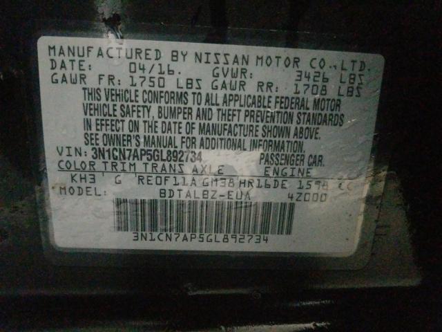 Photo 9 VIN: 3N1CN7AP5GL892734 - NISSAN VERSA S 