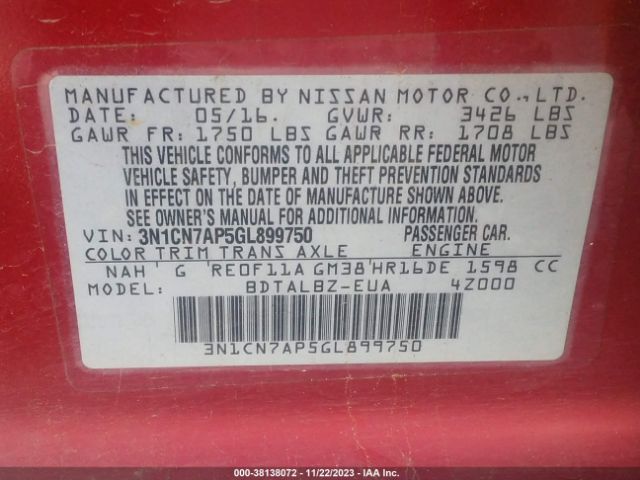 Photo 8 VIN: 3N1CN7AP5GL899750 - NISSAN VERSA 