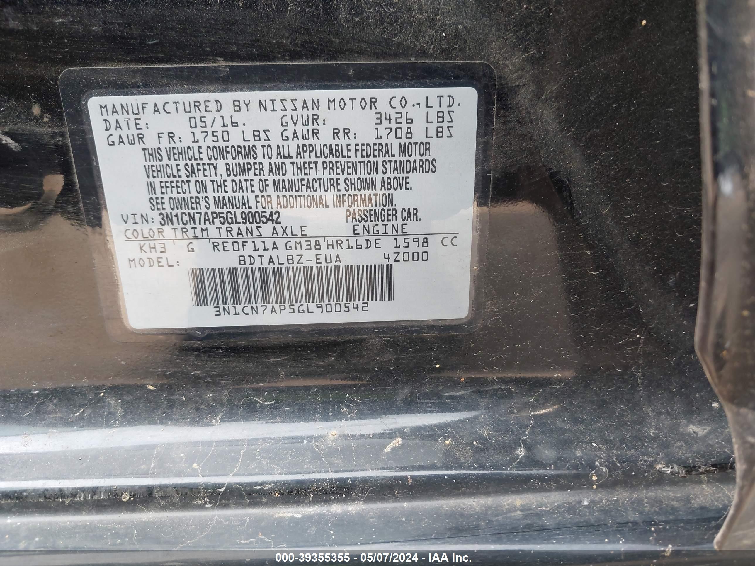 Photo 8 VIN: 3N1CN7AP5GL900542 - NISSAN VERSA 