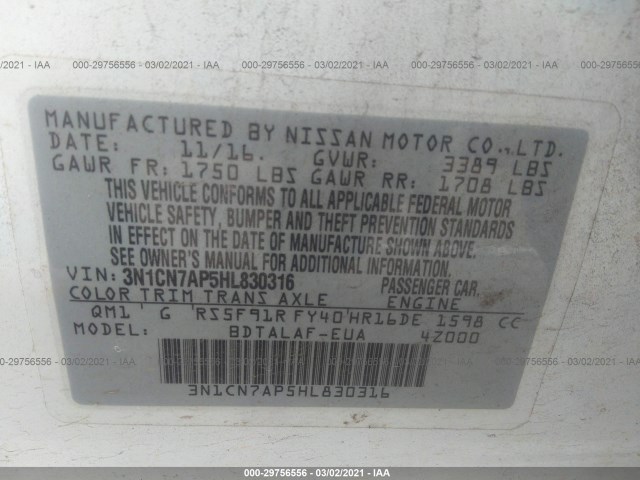 Photo 8 VIN: 3N1CN7AP5HL830316 - NISSAN VERSA SEDAN 