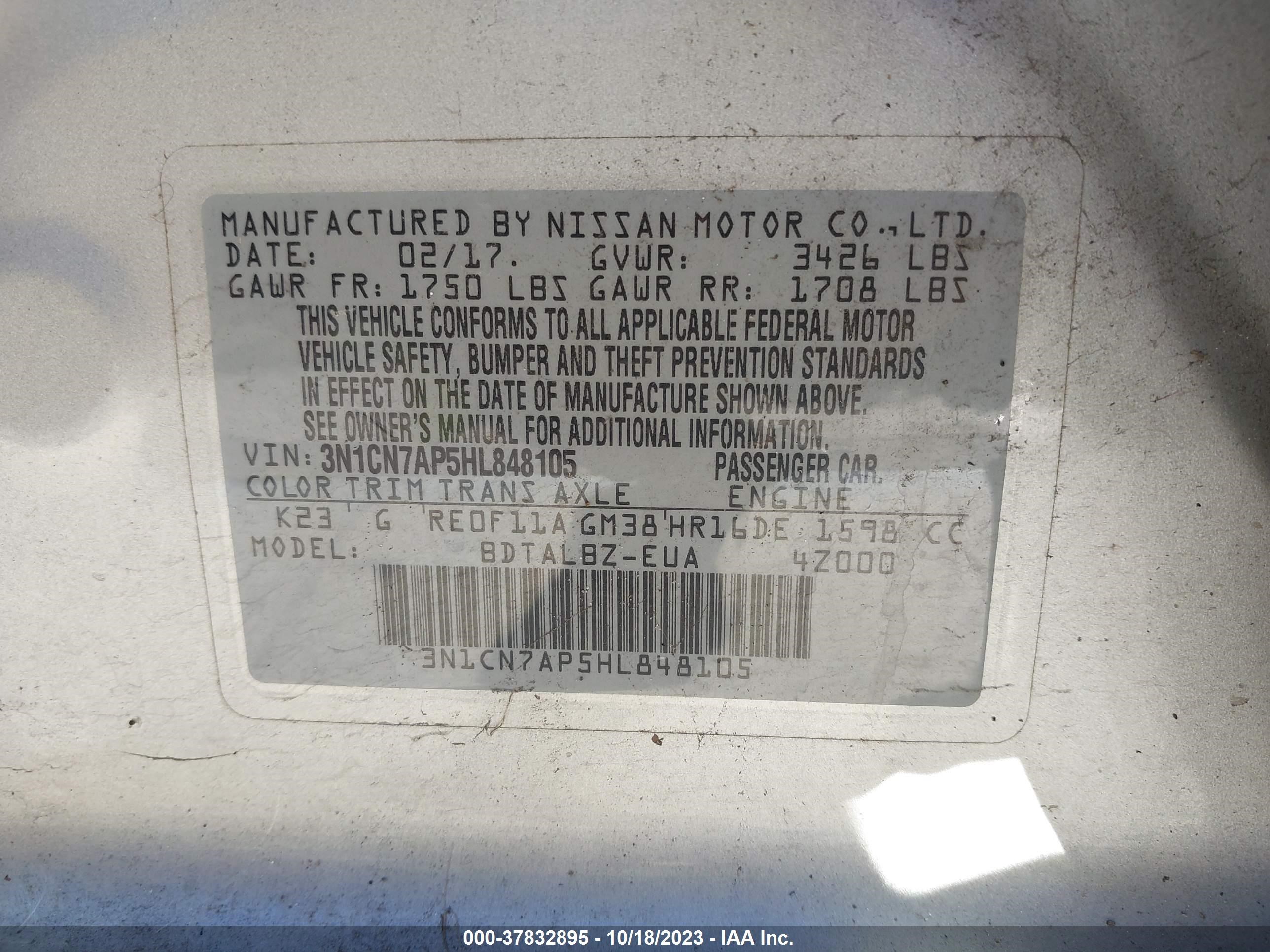 Photo 8 VIN: 3N1CN7AP5HL848105 - NISSAN VERSA 