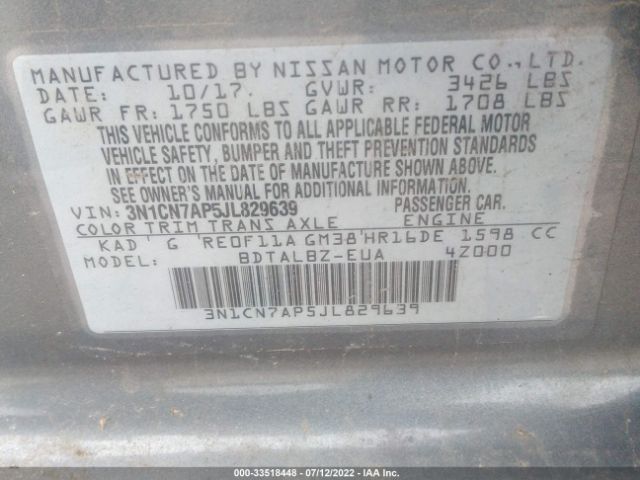 Photo 8 VIN: 3N1CN7AP5JL829639 - NISSAN VERSA SEDAN 