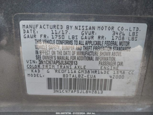 Photo 8 VIN: 3N1CN7AP5JL842813 - NISSAN VERSA 