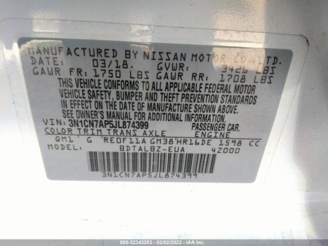 Photo 8 VIN: 3N1CN7AP5JL874399 - NISSAN VERSA SEDAN 