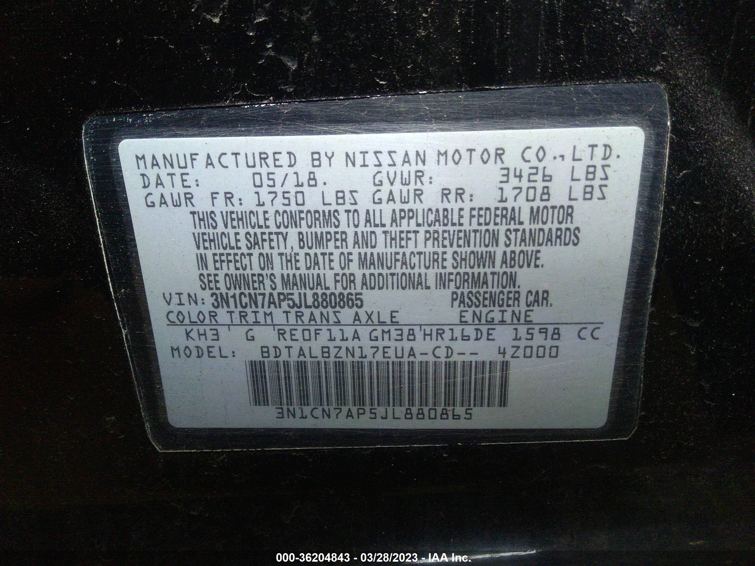 Photo 8 VIN: 3N1CN7AP5JL880865 - NISSAN VERSA 