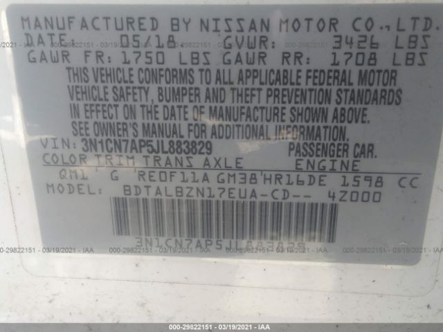 Photo 8 VIN: 3N1CN7AP5JL883829 - NISSAN VERSA SEDAN 