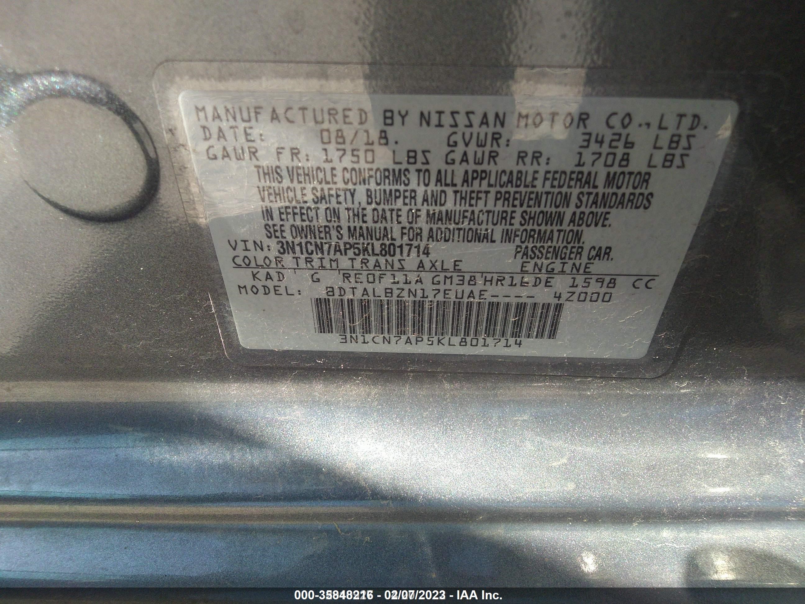 Photo 8 VIN: 3N1CN7AP5KL801714 - NISSAN VERSA 