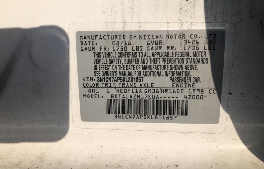 Photo 9 VIN: 3N1CN7AP5KL801857 - NISSAN VERSA S 