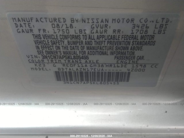 Photo 8 VIN: 3N1CN7AP5KL805455 - NISSAN VERSA SEDAN 