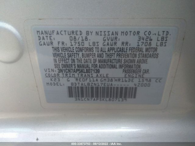 Photo 8 VIN: 3N1CN7AP5KL807139 - NISSAN VERSA SEDAN 