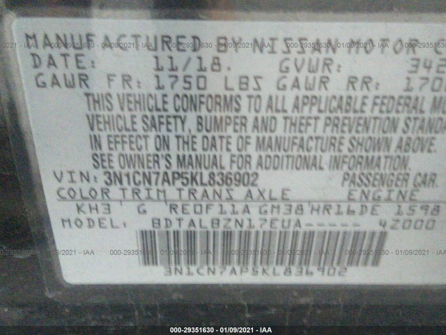 Photo 8 VIN: 3N1CN7AP5KL836902 - NISSAN VERSA SEDAN 