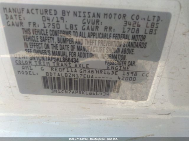 Photo 8 VIN: 3N1CN7AP5KL866434 - NISSAN VERSA 