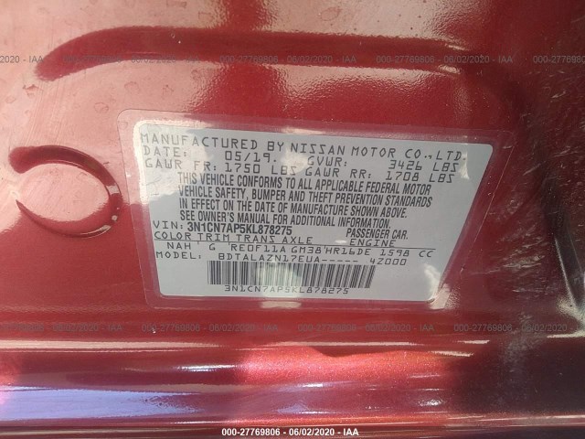 Photo 8 VIN: 3N1CN7AP5KL878275 - NISSAN VERSA SEDAN 