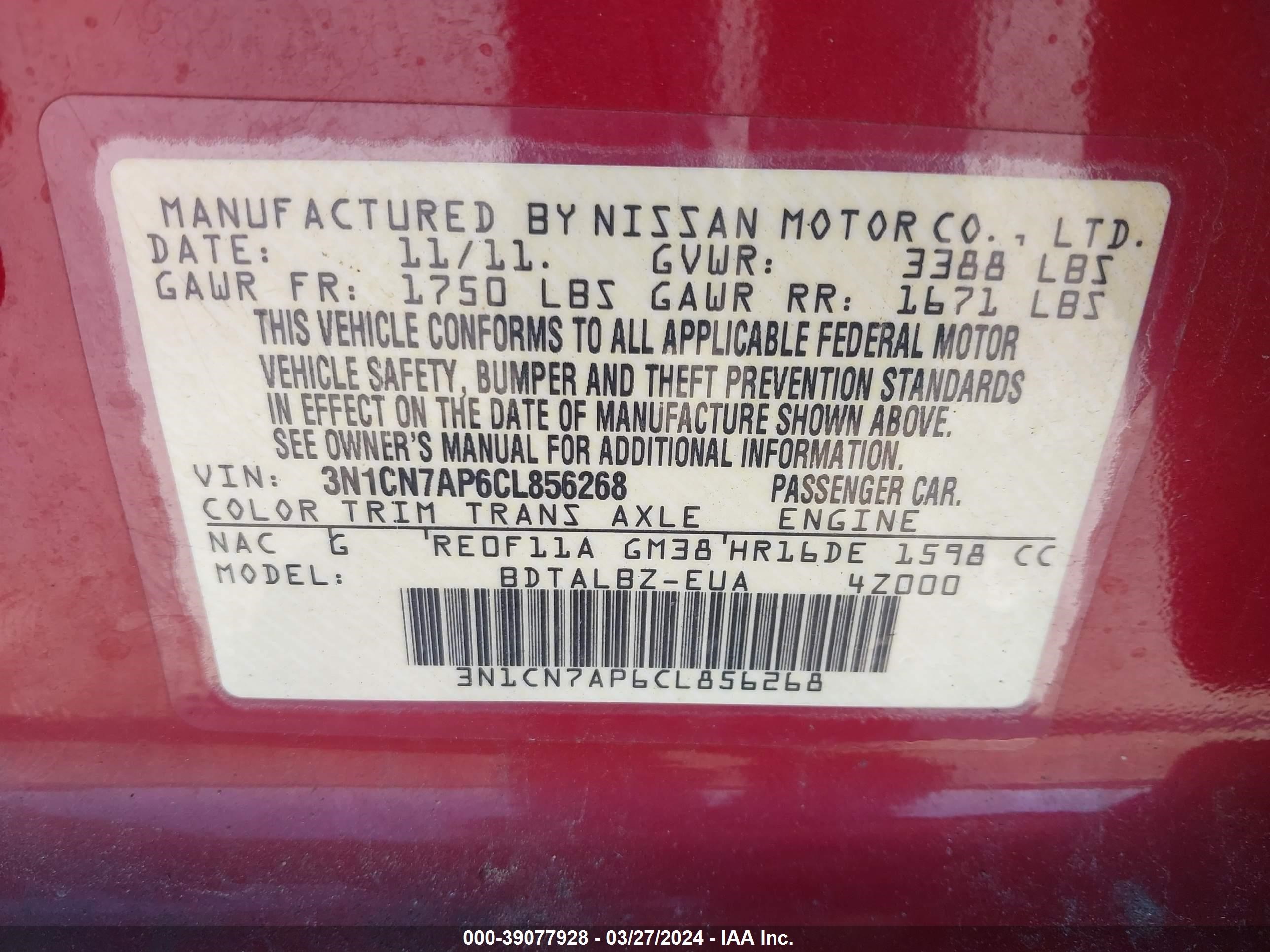 Photo 8 VIN: 3N1CN7AP6CL856268 - NISSAN VERSA 