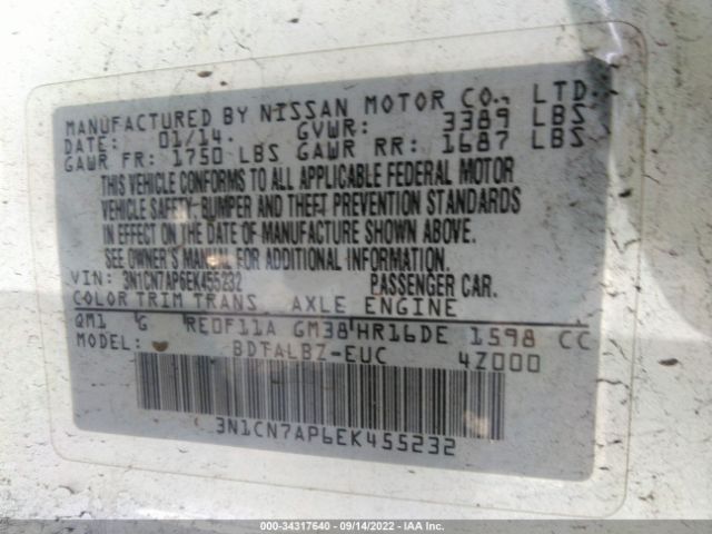 Photo 8 VIN: 3N1CN7AP6EK455232 - NISSAN VERSA 