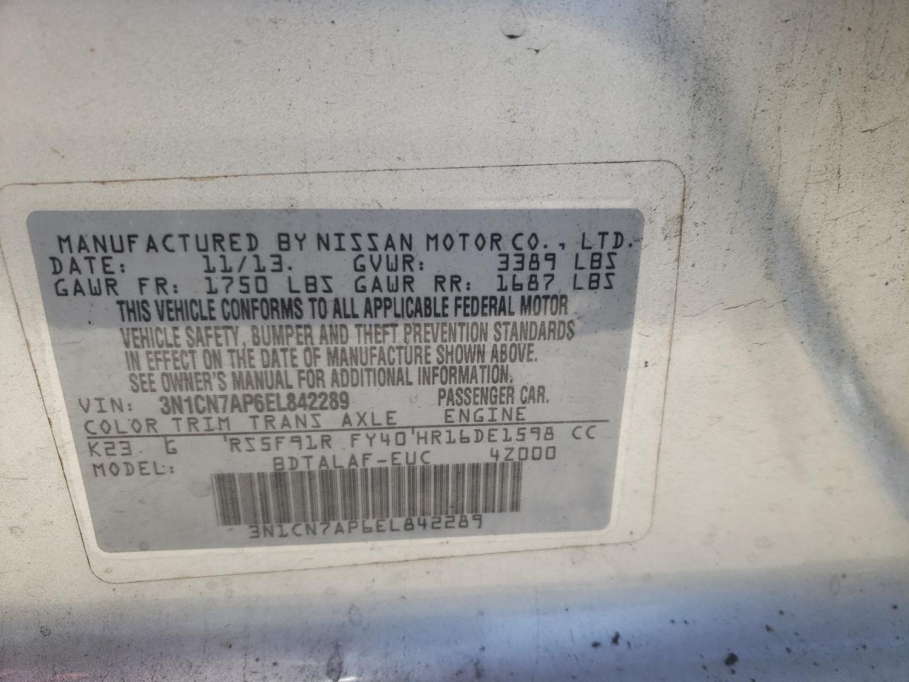 Photo 12 VIN: 3N1CN7AP6EL842289 - NISSAN VERSA 