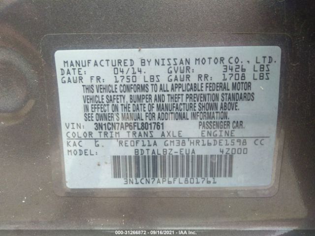 Photo 8 VIN: 3N1CN7AP6FL801761 - NISSAN VERSA 