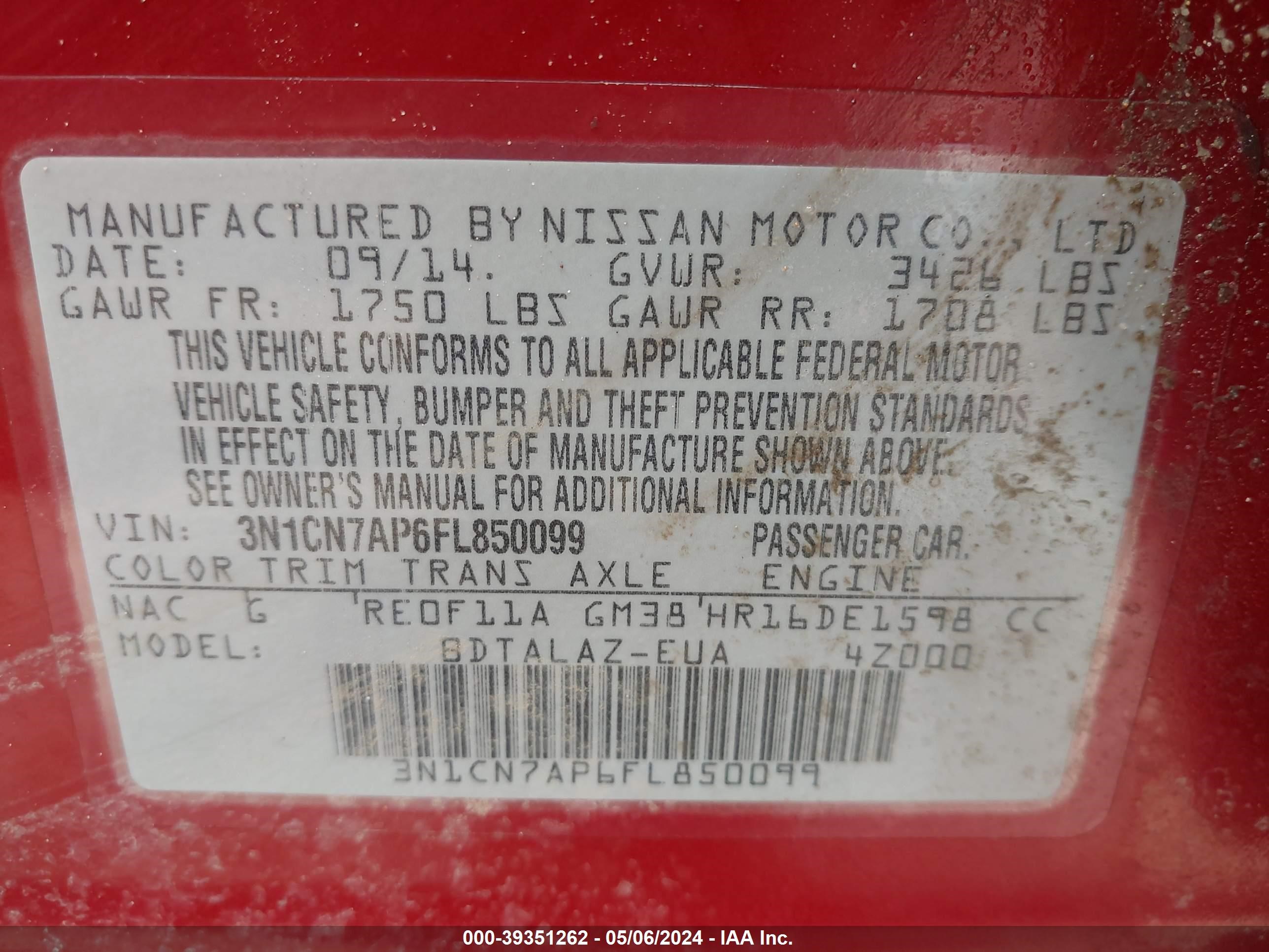 Photo 8 VIN: 3N1CN7AP6FL850099 - NISSAN VERSA 