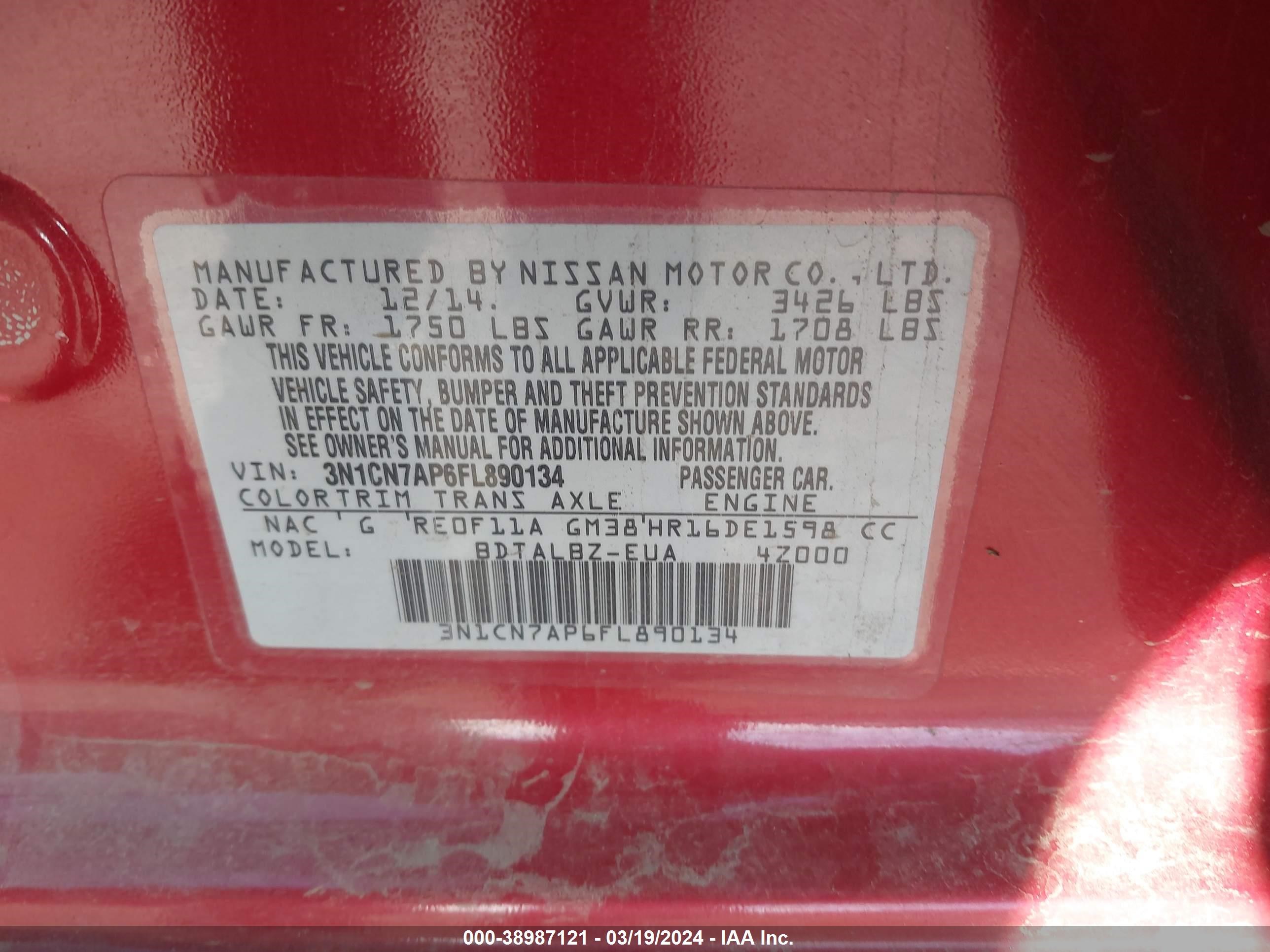 Photo 8 VIN: 3N1CN7AP6FL890134 - NISSAN VERSA 