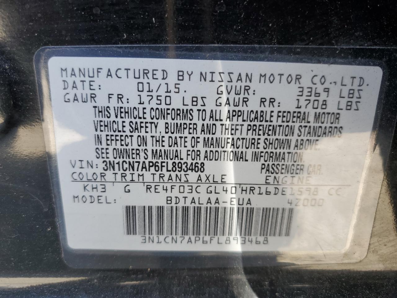 Photo 11 VIN: 3N1CN7AP6FL893468 - NISSAN VERSA 