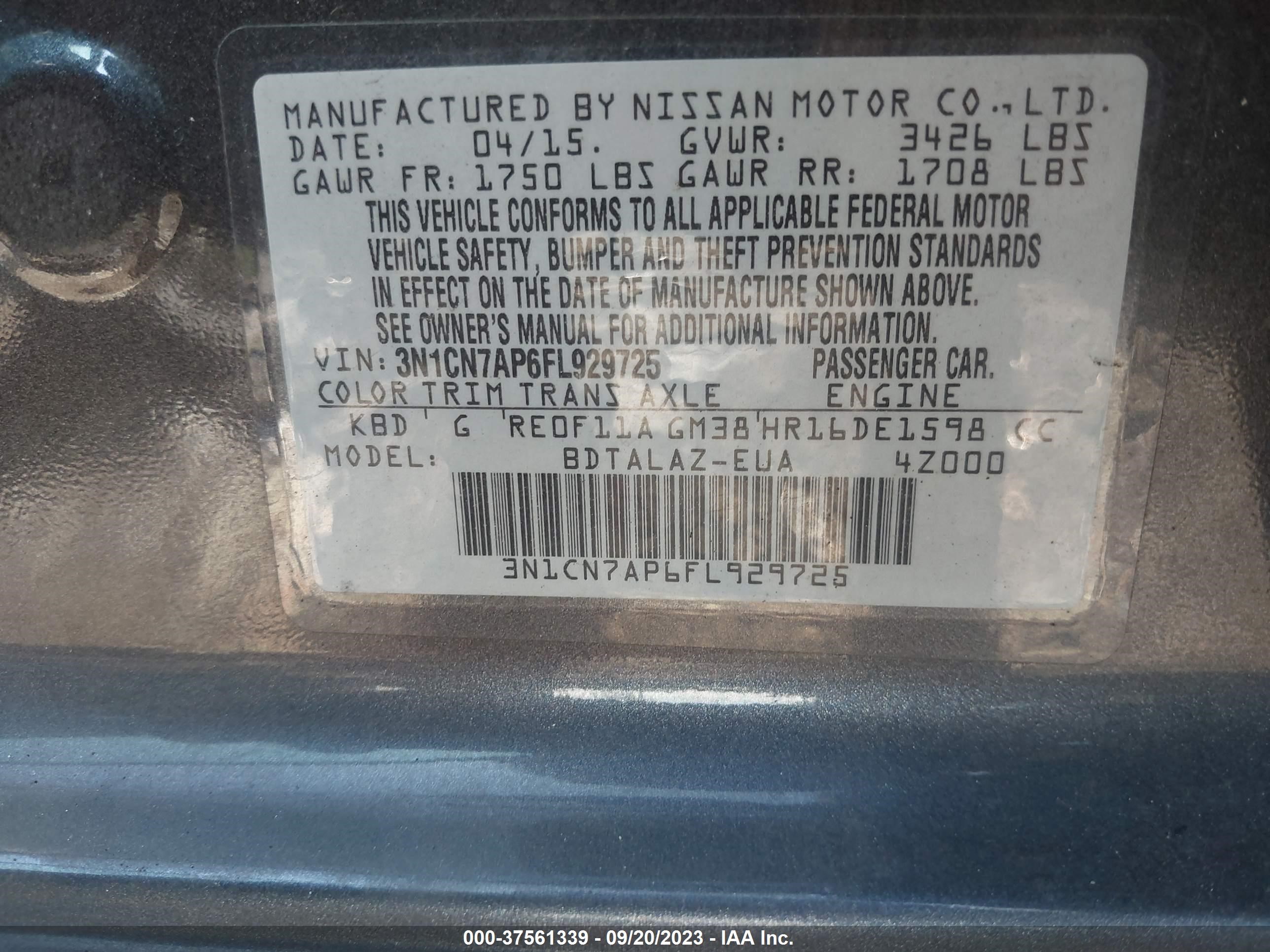 Photo 8 VIN: 3N1CN7AP6FL929725 - NISSAN VERSA 