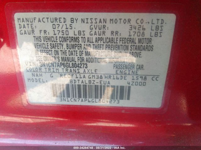 Photo 8 VIN: 3N1CN7AP6GL804273 - NISSAN VERSA 