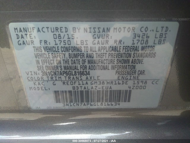 Photo 8 VIN: 3N1CN7AP6GL816634 - NISSAN VERSA 