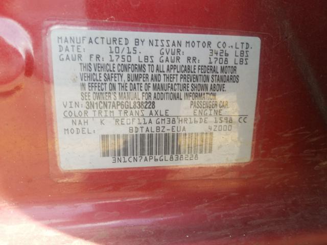 Photo 9 VIN: 3N1CN7AP6GL838228 - NISSAN VERSA S 