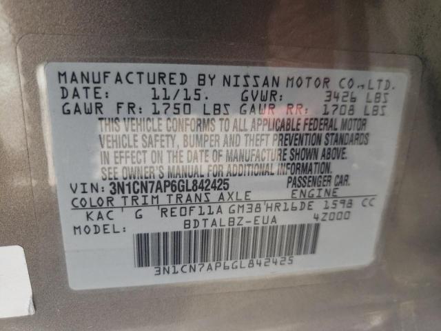 Photo 11 VIN: 3N1CN7AP6GL842425 - NISSAN VERSA S 