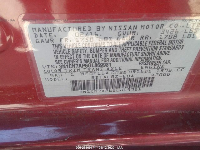 Photo 8 VIN: 3N1CN7AP6GL869981 - NISSAN VERSA 