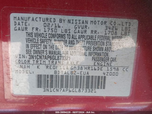 Photo 8 VIN: 3N1CN7AP6GL873321 - NISSAN VERSA 