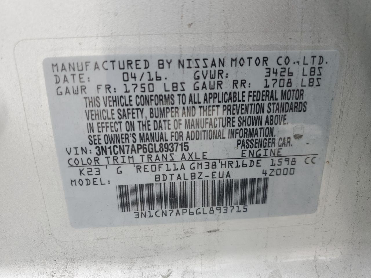 Photo 11 VIN: 3N1CN7AP6GL893715 - NISSAN VERSA 