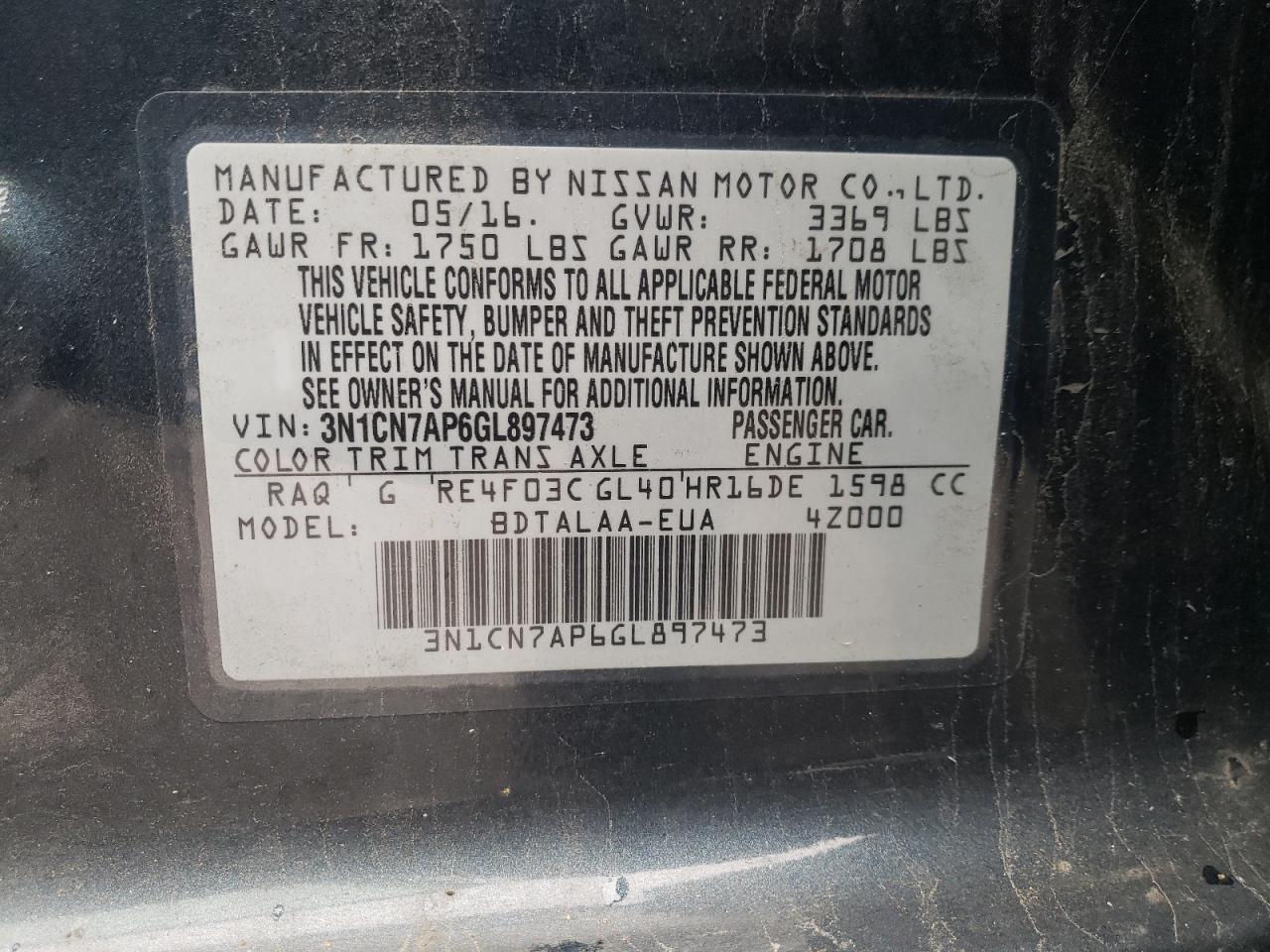 Photo 12 VIN: 3N1CN7AP6GL897473 - NISSAN VERSA 