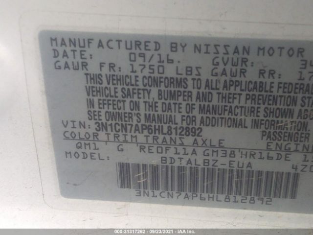 Photo 8 VIN: 3N1CN7AP6HL812892 - NISSAN VERSA SEDAN 