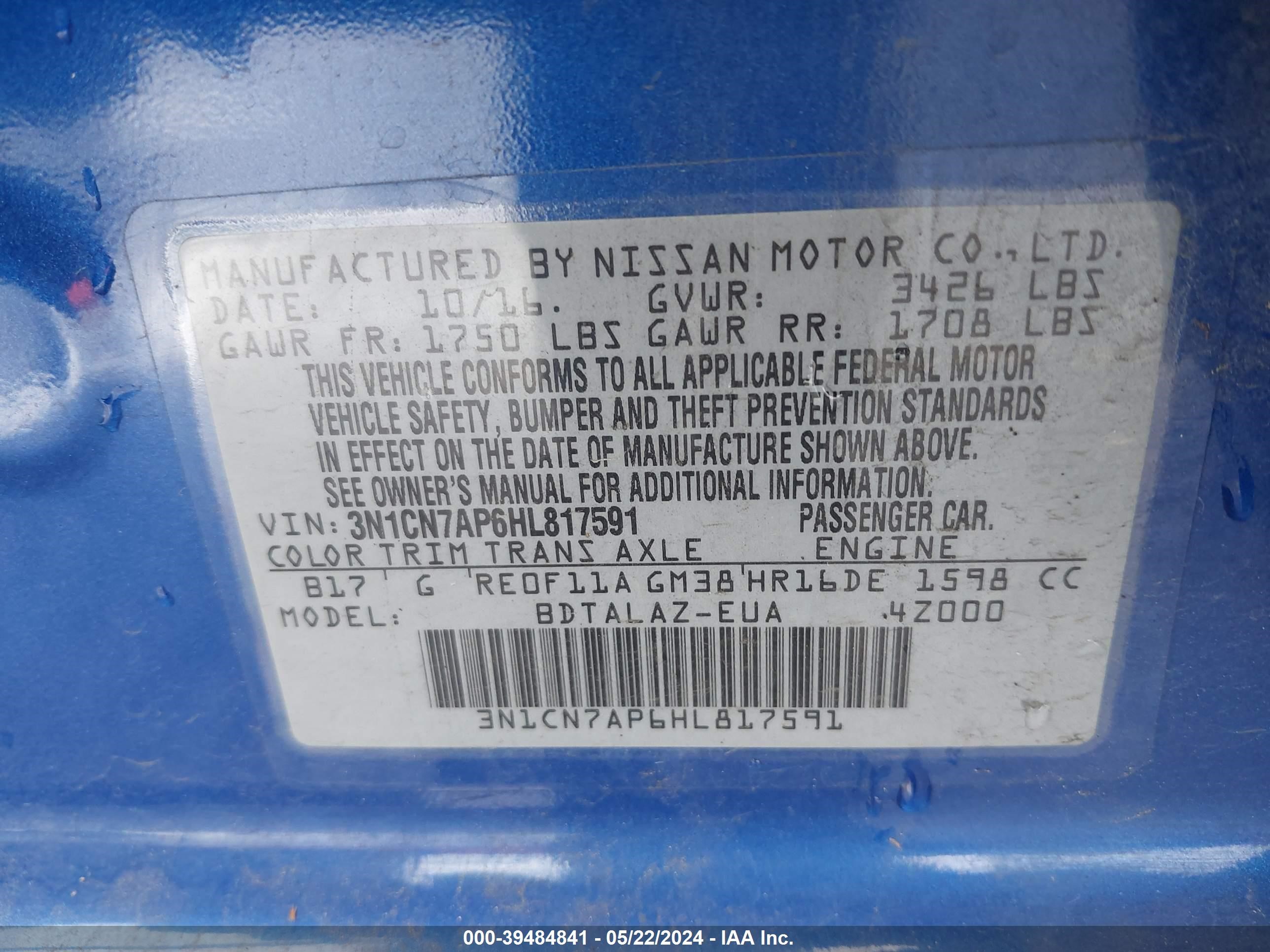 Photo 8 VIN: 3N1CN7AP6HL817591 - NISSAN VERSA 