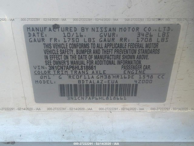 Photo 8 VIN: 3N1CN7AP6HL818661 - NISSAN VERSA SEDAN 