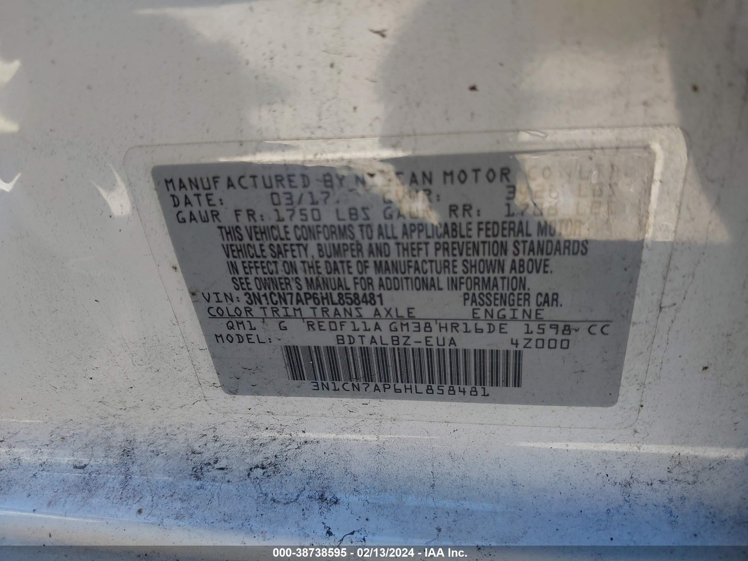 Photo 8 VIN: 3N1CN7AP6HL858481 - NISSAN VERSA 