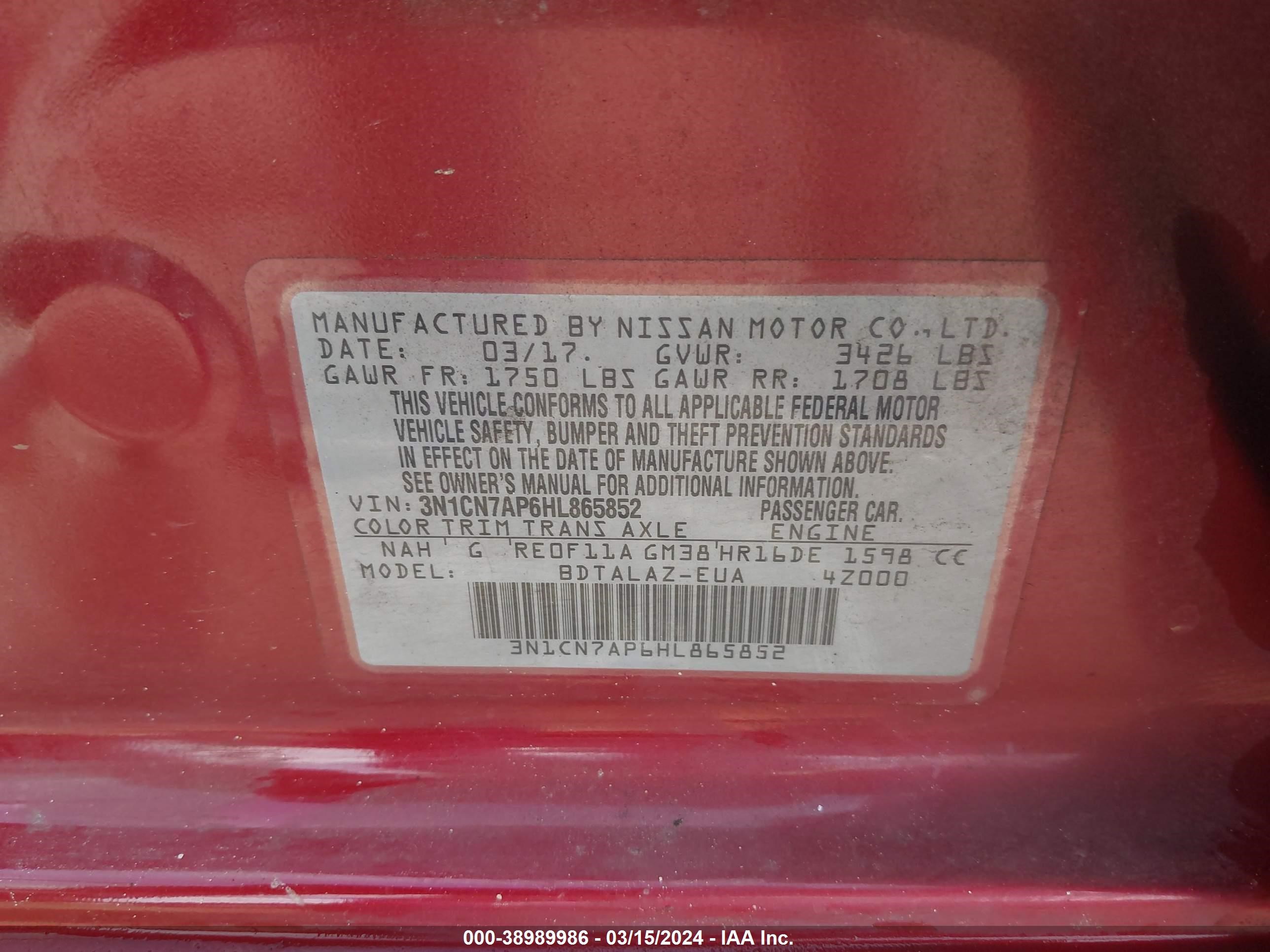 Photo 8 VIN: 3N1CN7AP6HL865852 - NISSAN VERSA 