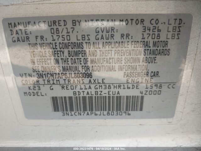 Photo 8 VIN: 3N1CN7AP6JL803096 - NISSAN VERSA 