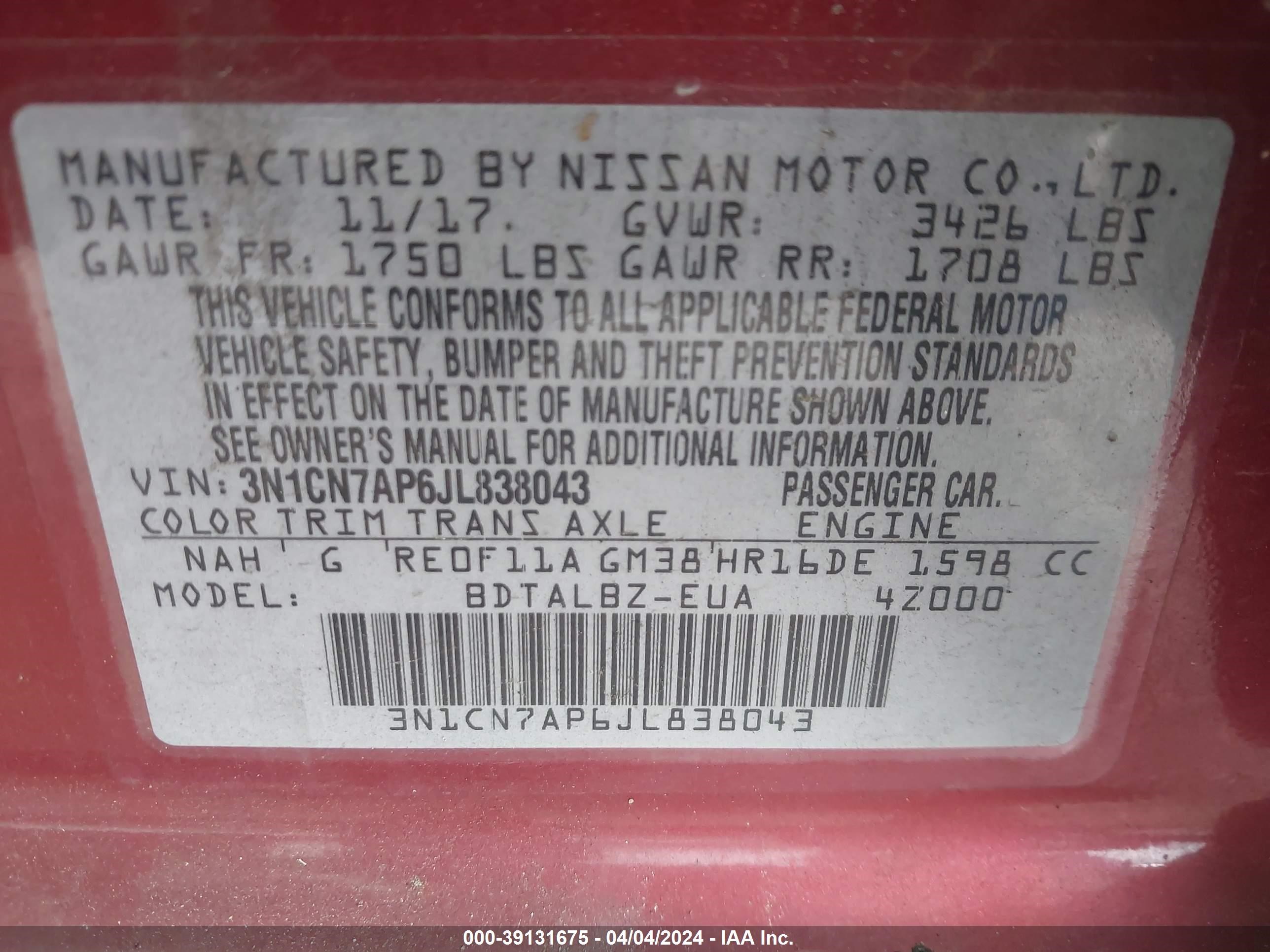 Photo 8 VIN: 3N1CN7AP6JL838043 - NISSAN VERSA 