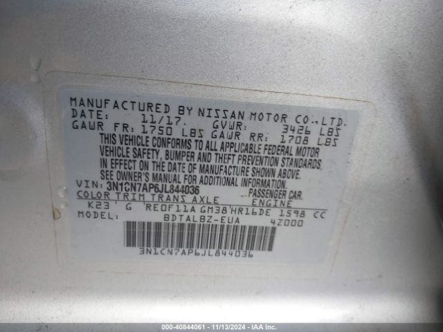 Photo 8 VIN: 3N1CN7AP6JL844036 - NISSAN VERSA 