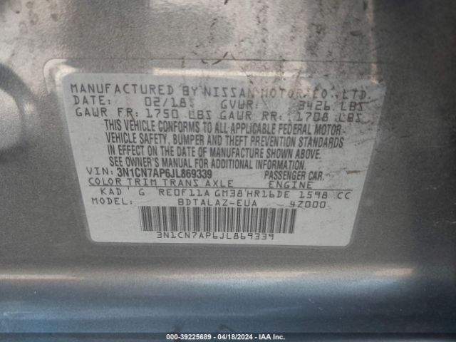 Photo 8 VIN: 3N1CN7AP6JL869339 - NISSAN VERSA 