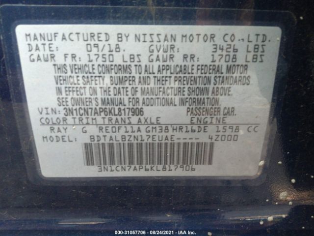 Photo 8 VIN: 3N1CN7AP6KL817906 - NISSAN VERSA SEDAN 