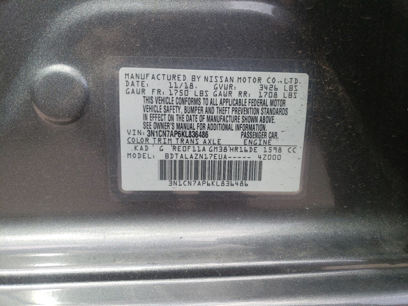 Photo 9 VIN: 3N1CN7AP6KL836486 - NISSAN VERSA S 